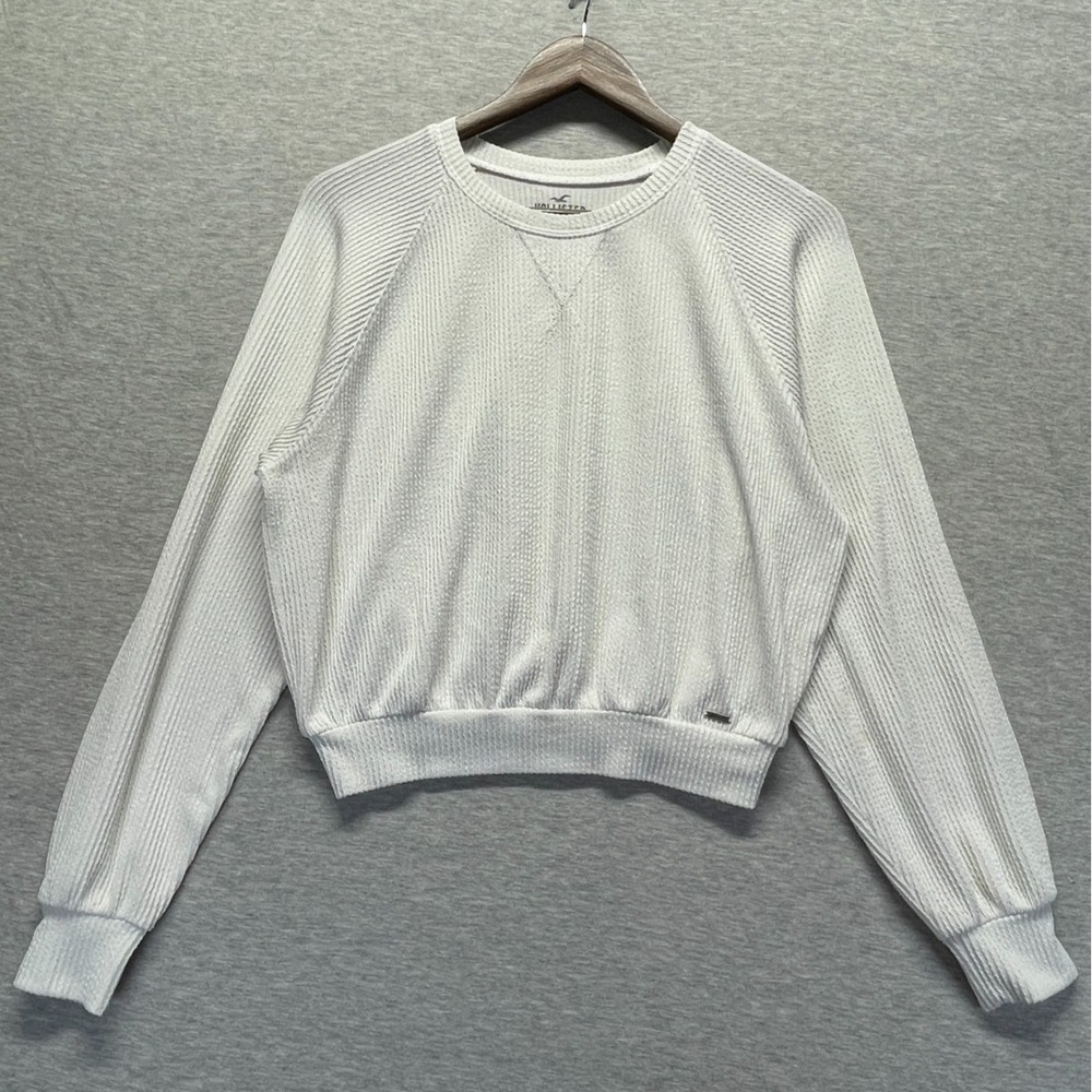 Hollister Boyfriend T-Shirt Womens Small White Cropped Texture Crew Neck Sweater